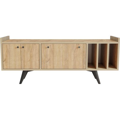 Meuble TV 3 portes 3 étagères verticales bois clair Bibola 150cm (1/5)