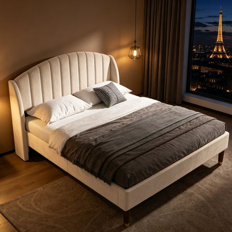 Lit Double Rembourré 140x190 cm en Velours Beige - Style Scandinave,Lit adulte avec Tête de Lit Capitonnée et Sommier à Lattes,Pieds en Bois (1/5)