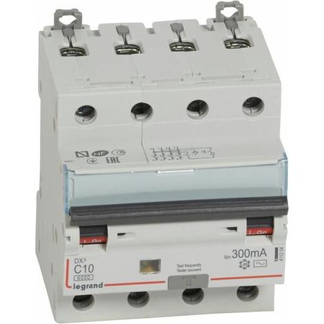 Disjoncteur différentiel monobloc DX³6000 10kA arrivée haute et départ bas à vis 4P 400V - 10A - typeAC 300mA - LEGRAND