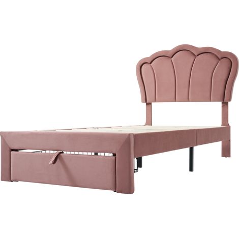 Cama individual 90 x 200 cm de terciopelo rosa con LED, cajón y cabecero regulable (1/5)