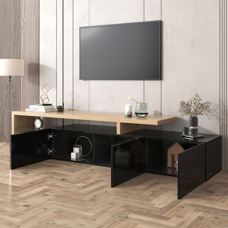 Mueble TV 197.5x39x42 cm negro y natural en MDF y vidrio con LED multicolor y 3 puertas (1/5)