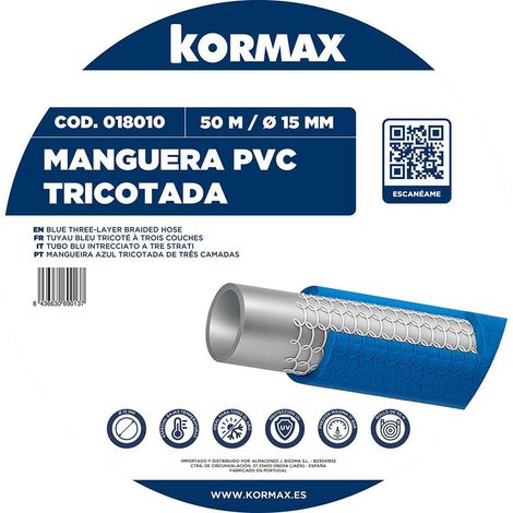 KORMAX manguera azul tricotada 15mm 17 bar , Manguera de Riego Azul Tricotada 3 Capas 15 mm Kormax.
- Manguera de riego azul tricotada de tres capas, fabricada en PVC flexible con (1/2)