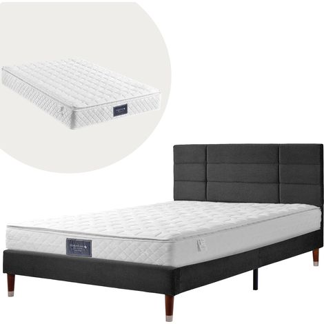 Cadre de lit capitonné noir lin 140x200 cm avec sommier et matelas à ressorts, literie double pour adultes et adolescents (1/4)