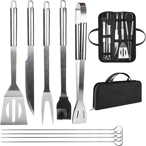 Ensemble de 9 ustensiles de barbecue professionnels en acier inoxydable avec sac de transport. (1/5)
