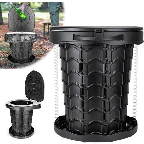 Faltbare Campingtoilette mit Deckel, ideal für Outdoor-Aktivitäten und Fahrzeuge. Maße: 30,5 x 34,5 x 28 cm. Farbe: Schwarz. (1/5)