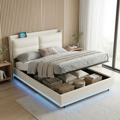 Letto contenitore 160x200 con rete, illuminazione LED e porte USB/Type-C, letto matrimoniale imbottito trapuntato con sistema idraulico, letto per adulti, velluto, stile scandinavo, Beige