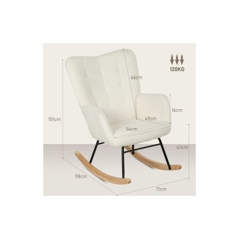 Chaise à bascule, fauteuil à bascule aspect pelage berbère, accoudoir, fauteuil rembourré avec patins en bois, fauteuil relax pour salon, chambre, charge jusqu'à 120kg, blanc (1/5)