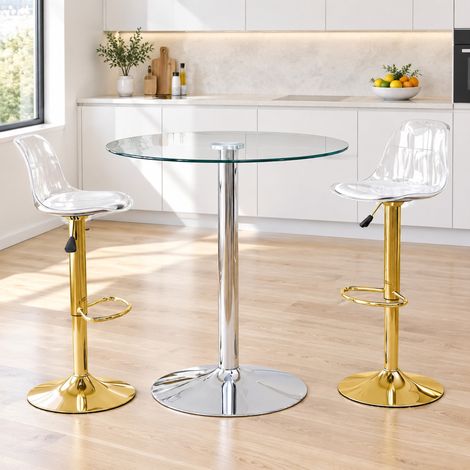 Table de bar ronde en verre 89 cm avec 2 tabourets transparents réglables 82-104 cm et pivotants 360°, pieds métal doré et base argentée – de FLORAGRACE (1/5)