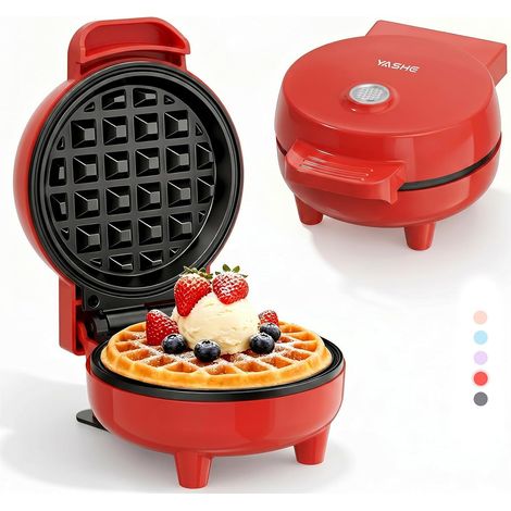 YASHE Mini gaufrier ABW59C rouge, 550 W, plaque 10 cm, antiadhésif, voyant, poignée isolante
