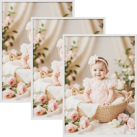 Lot de 3 Cadre Photo 50x70 cm WOLTU, Cadre en Bois Massif, Décoration Murale ou sur Table, avec Passe Partout, Blanc