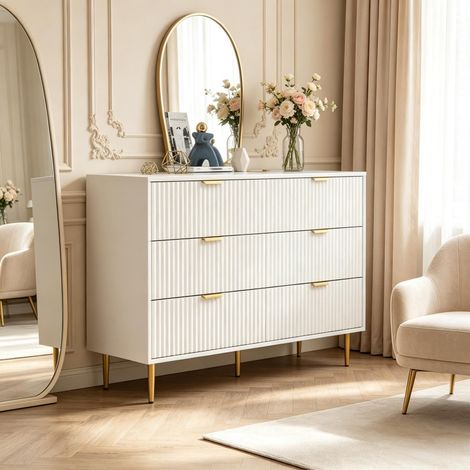 Kommode mit 6 Schubladen, modernes Schlafzimmer‑Aufbewahrungsmöbel mit goldenen Griffen und Füßen, Maße 120 × 40 × 76 (1/5)