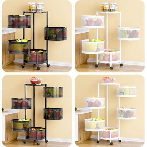 Panier De Fruits Et Legumes Rotatif,Support De Rangement Rond De Cuisine, Support De Stockage De Fruits Rotatif, Chariot De Rangement Pour Cuisine Avec 4 Roues, 4 éTagèRes à Fruits Debout-BLANC (1/2)