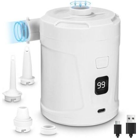 Pompe à air électrique, Gonfleur Dégonfleur Électrique, Batterie Rechargeable 5200 mAh, Gonfleur Matelas Gonflable avec 3 Buses d'air, Gonfleurs Rapide pour Bateau Pneumatique/Matelas Pneumatique (1/4)