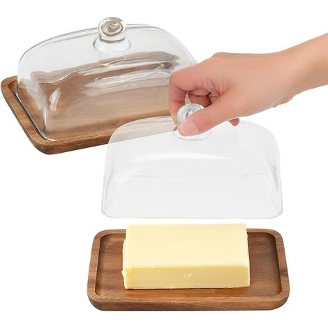 Beurrier élégant en bois d'acacia avec dôme transparent, plateau de gâteau de mariage vintage classique, assiette de présentation multi-usages, plateau de service pour desserts et pâtisseries (1/5)