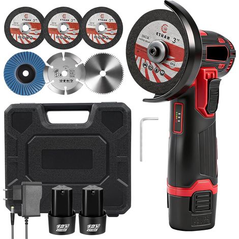 Mini meuleuse d'angle à batterie, meuleuse d'angle sans fil 500W 12V avec 2 batteries 1300 mAh, meuleuses électrique portative avec 6 disques abrasifs 76 mm pour couper carrelage bois pierre acier (1/5)