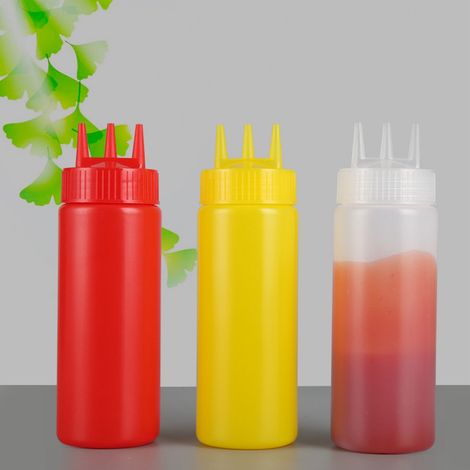 Lot de 3 flacons souples à 3 trous avec couvercle pour condiments, vinaigrettes, sauces et ketchup (1/5)