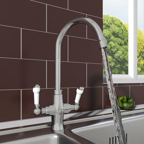 Traditional Solid Brass Tap Dual Twin Lever Swivel Kitchen Sink Mixer Faucet (1/5)