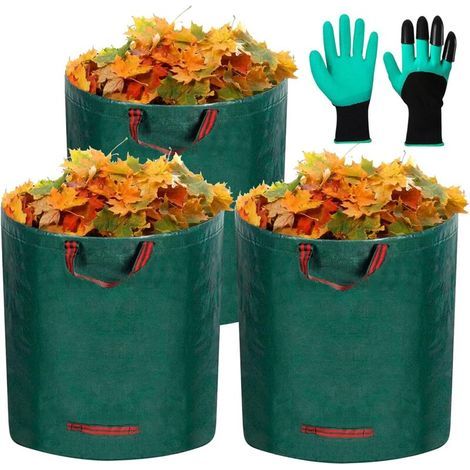 Gartensäcke, 3 x 272 l wasserdichte Gartenabfallsäcke, groß, robust, freistehend und faltbar, 1 Paar Gartenhandschuhe, Gartensack (1/5)