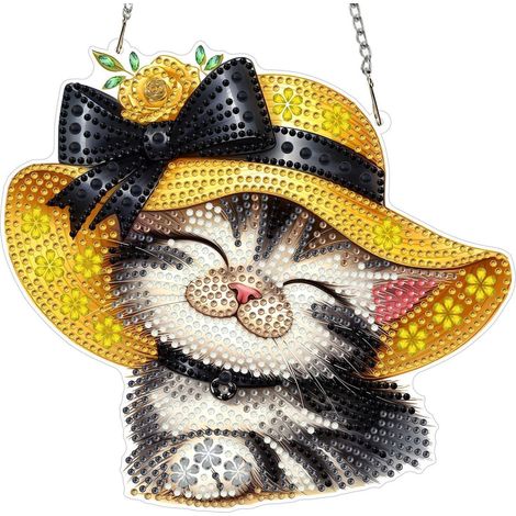 Diamantmalerei Anhänger Katze mit Hut, doppelseitig, 20x20cm, Fensterdeko