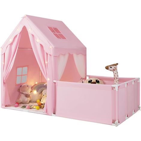 COSTAWAY Tenda da Gioco per Bambini con Recinto, 2 in 1 Casetta Casetta da Gioco con Porte, Finestre, Luci a Stelle e Tappetino in Cotone Lavabile, Tenda Interna per Bambini 3+ Anni (Rosa) (1/5)