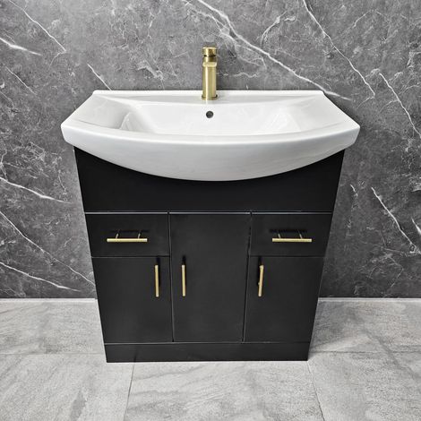 Black Vanity Unit 750mm with Ceramic Basin Brushed Brass Handles Bathroom Sink, With Tap