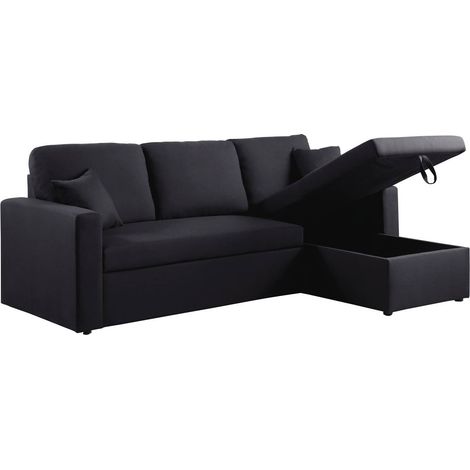 Habitat Et Jardin – Canapé d'angle convertible 3 places noir – Dimensions 221 x 145 x 85 cm – Tissu lin – Couchage 192 x 137 cm – Espace de stockage