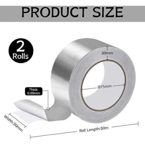 2 Rouleaux de Ruban Aluminium 50 mm x 50 m Ruban Adhésif Alu Autocollant Argenté Résistant à la Chaleur pour Scellement, Isolation & Réparation (1/4)