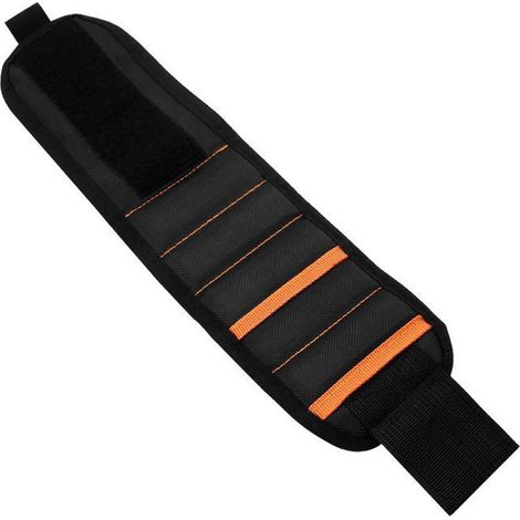 Bracelet magnétique 5 rangées à poche, outil de ramassage aimanté, manchette nylon velcro noire avec couture orange, 40090mm, dix aimants, usage professionnel (1/5)