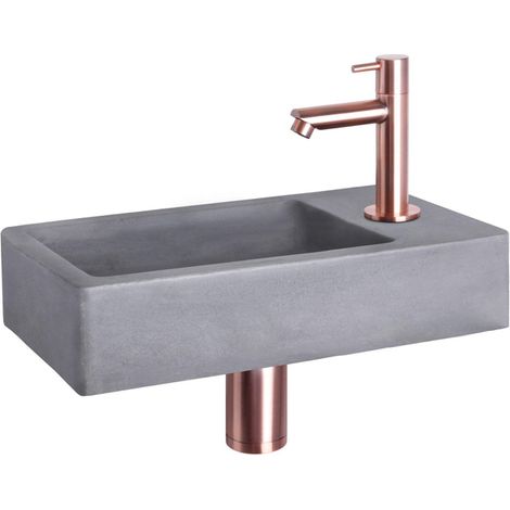 Differnz Force kit lave-mains - 40x22x8cm - Rectangulaire - 1 trou de robinet - Robinet rose cuivre droit - Béton gris (1/5)