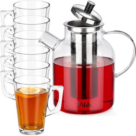 Teiera in vetro resistente al calore con infusore da 1,5 l + bicchieri da 255 ml (6 pezzi). (1/5)