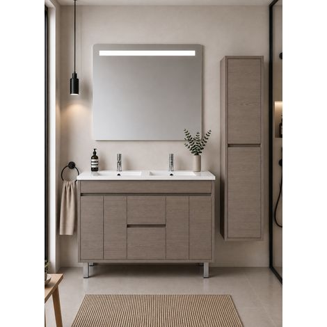 Meuble de salle de bain avec vasque ORIGENBATH ISQUIA sans miroir 120x45 cm double vasque chêne smoky avec colonne