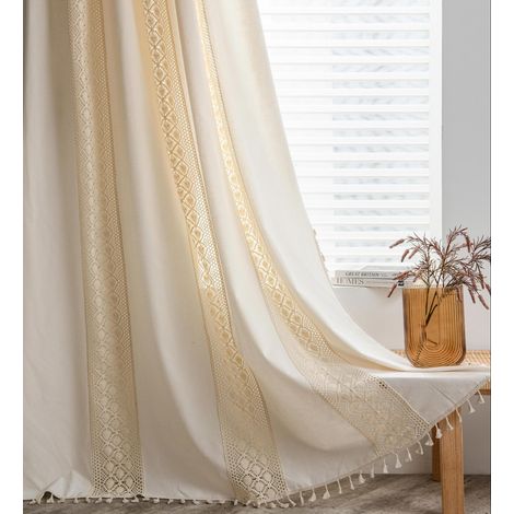Lot de 2 rideaux Bohème, style campagne vintage, crochet, tricot, avec découpes, franges, pour intérieur et extérieur, en lin et coton, pour salon, chambre - 150 x 160 cm (1/5)