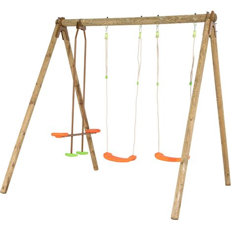 Trigano – Portique en bois 2,30 m – Pin traité autoclave IV – 3 agrès avec balançoires orange et face-à-face – Installation stable (1/6)