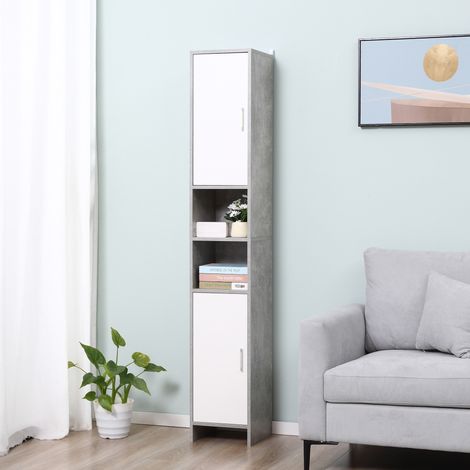 Colonne de salle de bain avec 2 placards et 2 compartiments ouverts, meuble haut gain de place en bois effet ciment, 30 x 30 x 180 cm, gris (1/5)