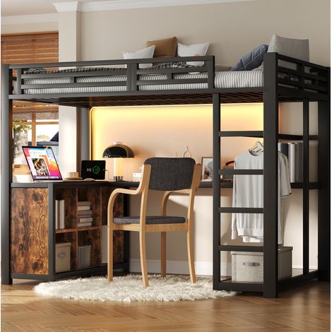 Letto a soppalco moderno in metallo e MDF nero 140x200 cm con scrivania, LED, USB, ripiani e armadio aperto (1/5)