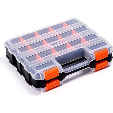 Boîte à outils double face avec cloison amovible en plastique, boîte de rangement, 34 compartiments, idéale pour vis, écrous, petites pièces, noir/orange