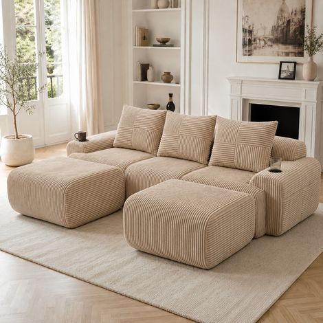 Canapé modulable 3 places en velours côtelé kaki avec 2 poufs inclus, configuration personnalisable à volonté, doté de porte-gobelets intégrés et d’une poche de rangement latérale, idéal pour salon, s (1/5)