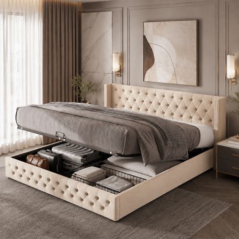 Cama tapizada, con forma de oreja, doble hilera de tachuelas, terciopelo, costuras abotonadas en la cabecera y el piecero, cama doble de 160 x 200 cm, cama hidráulica funcional. (1/5)