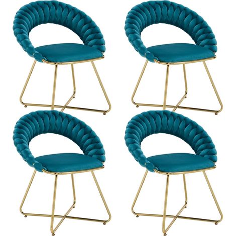 Fauteuil de Salon en Velours Lot de 4, Pieds en Métal Plaqué Or Chaise Coiffeuse Rembourré pour Salon et Chambre, Bleu Sarcelle, Wahson (1/5)