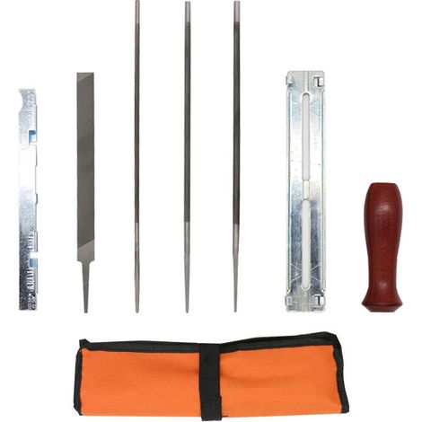 Affuteuse de tronçonneuse professionnel 8 pièce chaîne affûtage kit Compatible Lime ronde, Manche en Bois, Jauge de Profondeur, Guide de Classement et Pochette) ,orange Lefou (1/5)
