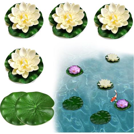 Lot de 6 Nénuphar, EVA, Flottant, Réaliste, Blanc Crème, 10 cm, Étang Aquarium Jardin (1/5)