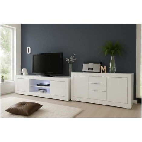 Ensemble séjour AUCUNE BASICO - Meuble TV 180 cm + Buffet 210 cm blanc laqué (1/5)