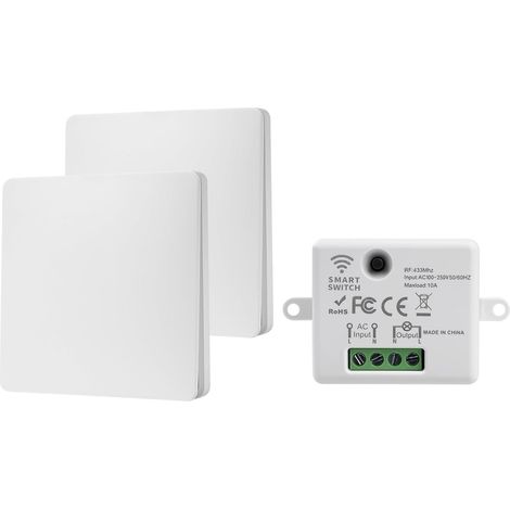 Interruttore wireless 230V, interruttore wireless bidirezionale 10A 433MHz, interruttore di illuminazione radiocontrollato senza batteria, portata 30M, nessun cablaggio richiesto, 1 ricevitore, 2 cont