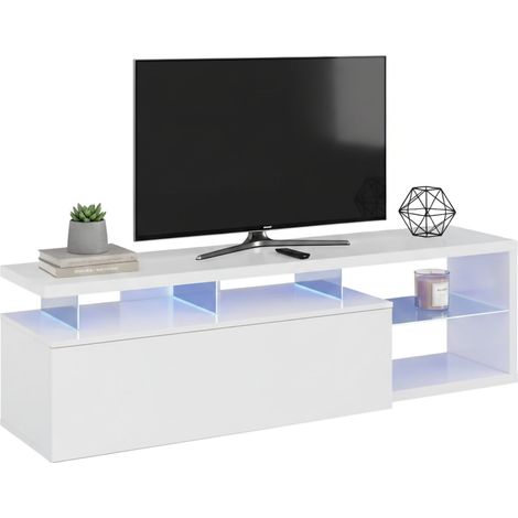 Mobile porta TV Amiuty, Buffet da salotto, Credenza per televisione da soggiorno con 1 anta, Supporto TV con luce led, 150x41h50 cm, Bianco lucido