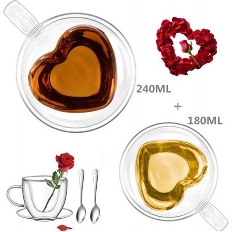 Tasse À Café Double Paroi - Forme De Cœur - 180 ml + 240 ml - Pour Café Cappuccino Latte - Lot De 2 (1/5)