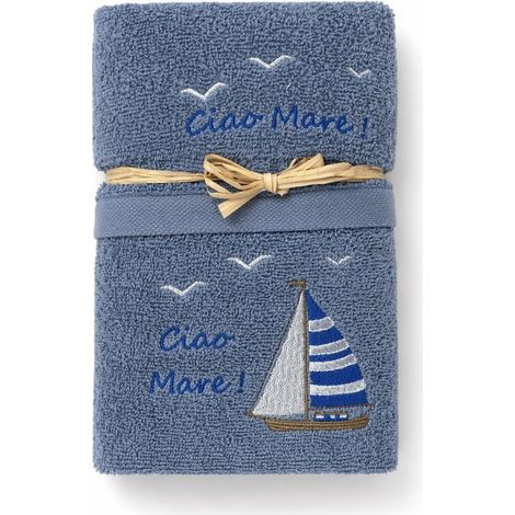 Ensemble de serviettes de bain bleu « Ciao Mare » en éponge 100 % coton, broderie de voilier, fabriqué en Italie, idée cadeau