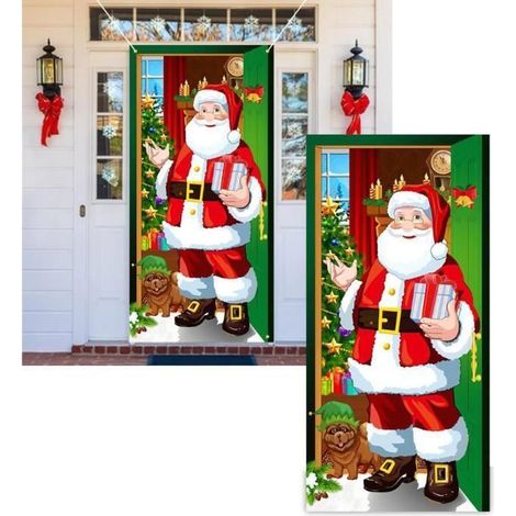 Couverture de porte Noël,couverture de porte de père Noël,fond de bannière porte multicolore VILLAGE DE NOEL (1/4)