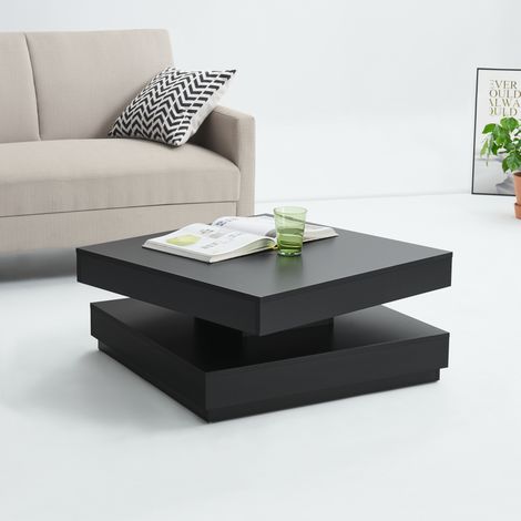 [En.Casa] – Table basse carrée 76 x 76 cm noir – Plateau pivotant – Étagère inférieure pour rangement – Panneau de particules facile à nettoyer (1/9)
