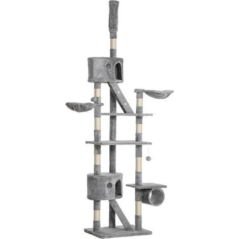Albero tiragraffi per gatti 240-260 cm con tunnel, cucce e sisal, grigio chiaro (1/4)