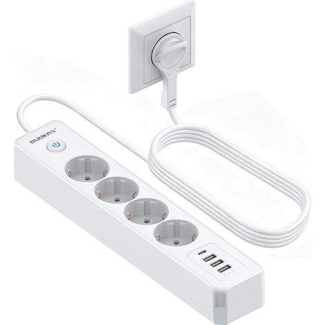 8 en 1 Multiprise 4 USB avec Interrupteur, 4 Prises Multiprises Electrique avec Parafoudre 3680W 16A, Multi Prise USB C pour Bureau, Foyer, Câble 1,8M Blanc (1/5)